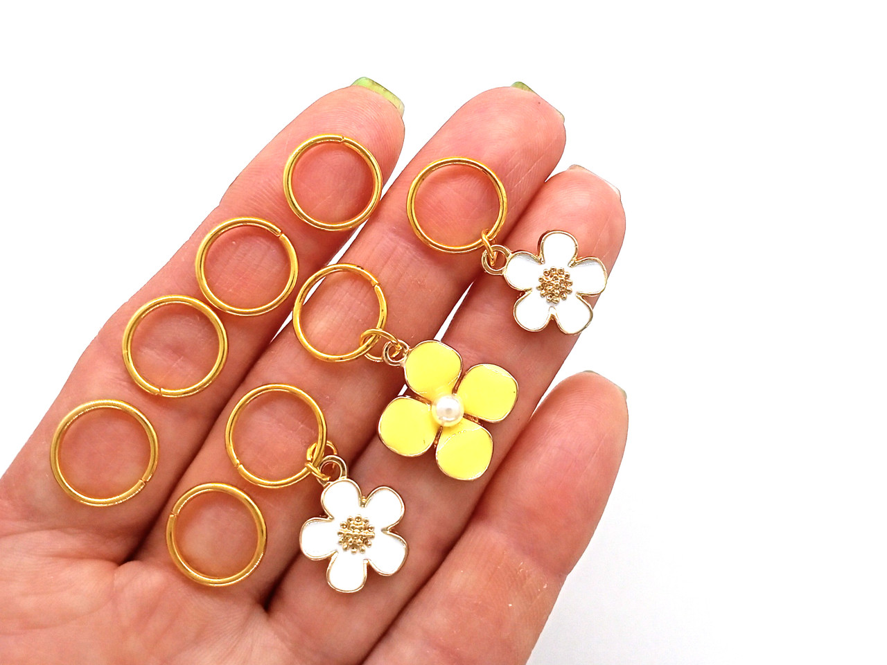 Жовтий і білі квіточки — пірсинг для волосся #413, набір золото, набір (8 шт.), фото 1