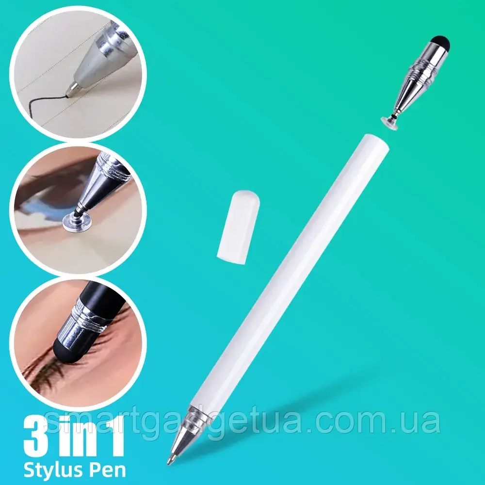 Універсальний Ємнісний Стілус - Ручка 3 в 1 Білий Touch Pen для планшета сенсорного екрану