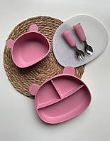 Детская силиконовая посуда для первого прикорма набор Мишка с крышкой темно-розовый