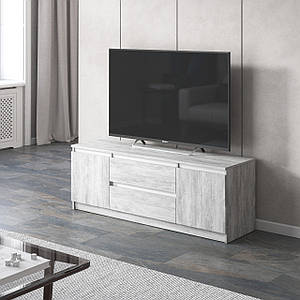 Тумба під телевізор VAYS, для вітальні, сучасна, 2 висувних ящика та дві двері, без ручок R-28 Бетон-Білі планки