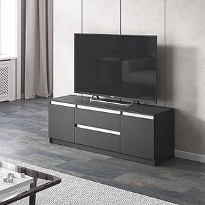 Тумба під телевізор VAYS, для вітальні, сучасна, 2 висувних ящика та дві двері, без ручок R-28 Антрацит-Білі планки