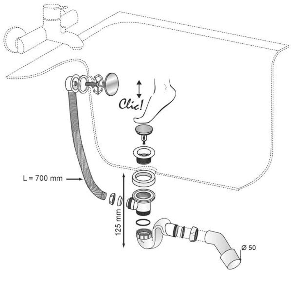 Сифон для ванны Elton Click-Clack 700мм с адаптером Ø40/50мм WIRQUIN (9543210), фото 2