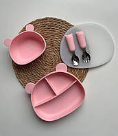 Детская силиконовая посуда для первого прикорма набор Мишка с крышкой розовый