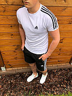 Мужская футболка Adidas белая с полосами спортивная Адидас с лампасами (Bon)