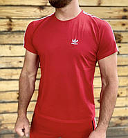 Мужская футболка Adidas красная с полосами споривная Адидас с лампасами (Bon)