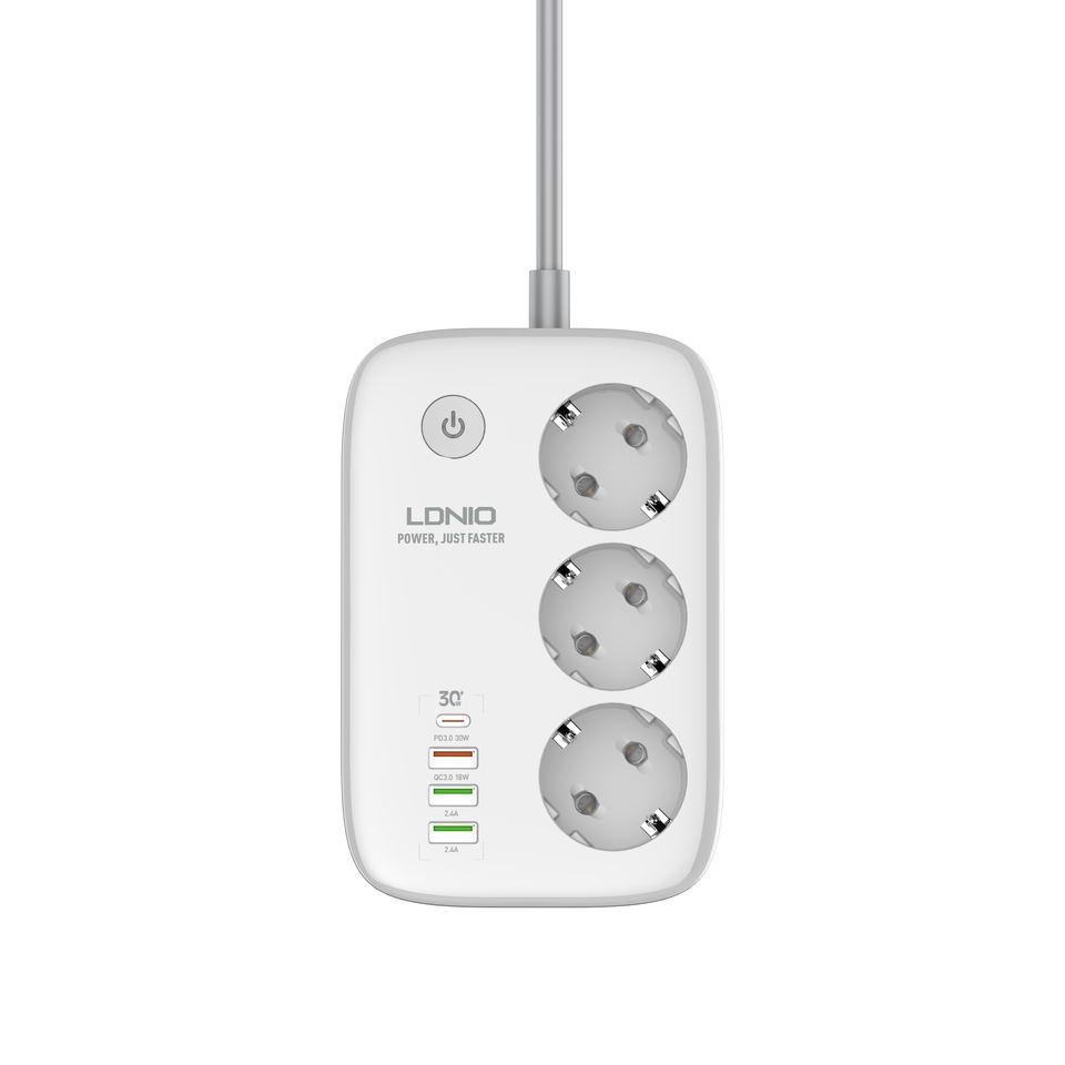 Мережевий фільтр (подовжувач) LDNIO SEW3452, 3 розетки EU, 2 USB+1 USB+TypeC з дистанційним керуванням, фото 1