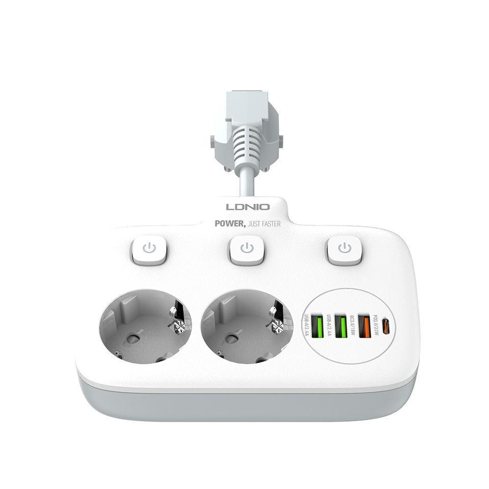 Настінний мережевий фільтр (подовжувач) LDNIO SE2435, 2 розетки US/EU/UK, 2хUSB+1xUSB QC3.0+TypeC PD20W, фото 1