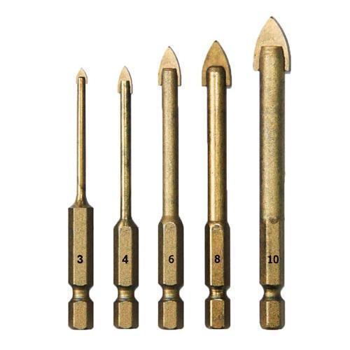 Набір з 5 свердлів 3-10мм по склу кераміці для шуруповерта 6-гранні, карбід вольфраму, титанове покриття