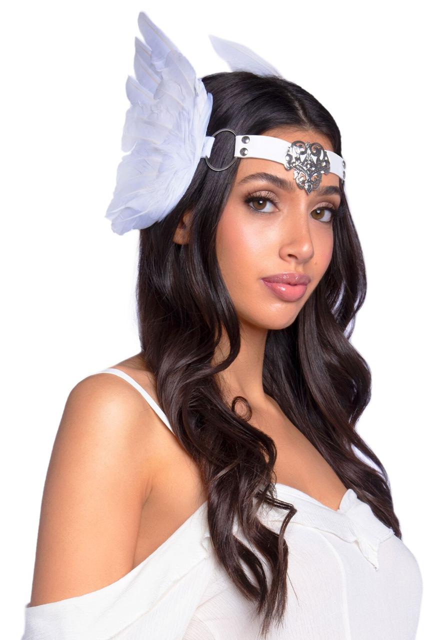 Пов’язка на голову з крилами Leg Avenue Feather headband White, пір’я та натуральна шкіра Bomba💣, фото 1