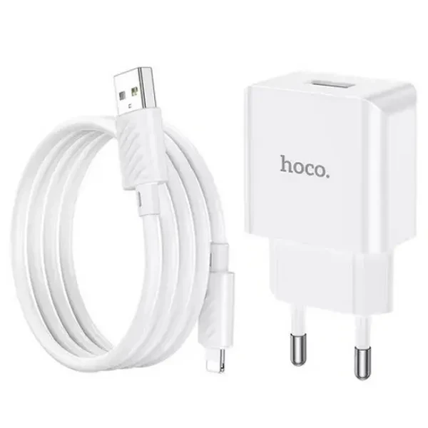 Мережевий зарядний пристрій для телефона Hoco C106A White + Кабель Lightning