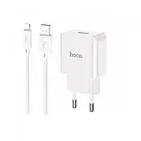 Мережевий зарядний пристрій для телефона Hoco C106A White + Кабель Lightning, фото 2