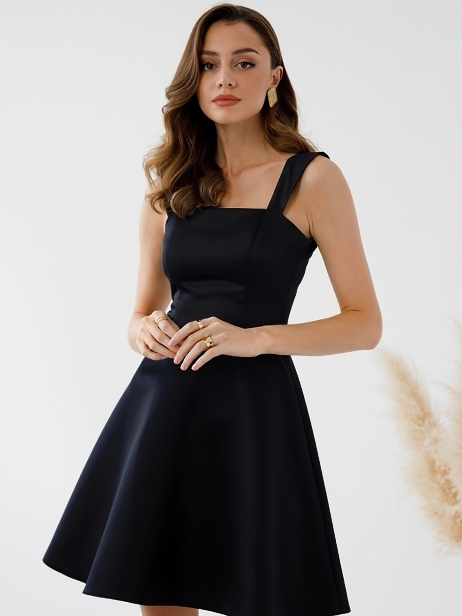 Романтичне коктейльне плаття на широких бретелях, чорне, фото 1