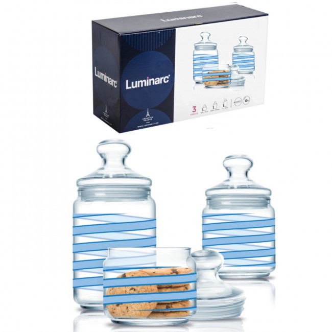 Набір скляних банок для сипучих із блакитним декором Luminarc Spiral 3 шт (Q0394)