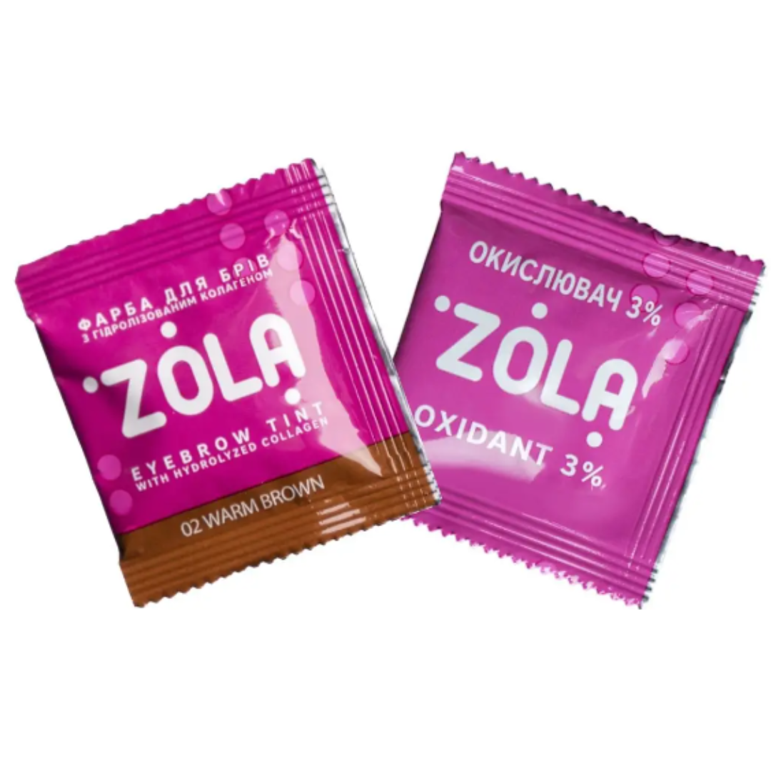 Фарба мідно-коричнева (02 Warm brown) для брів з колагеном + окислювач 3% ZOLA, в саше 5мл