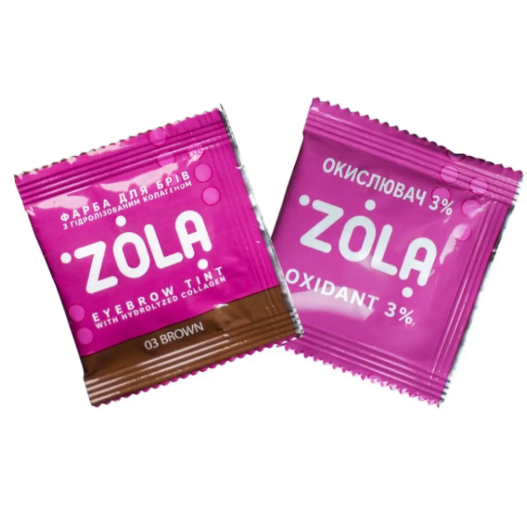 Фарба коричнева (03 Brown) для брів з колагеном + окислювач 3% ZOLA, в саше 5 мл