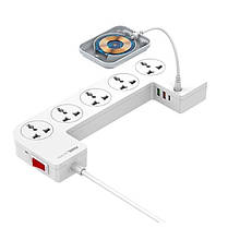 Подовжувач із заземленням 2 метри 5 розеток + 2USB Type-C QC Ldnio SCW5354 Qi White N, фото 3