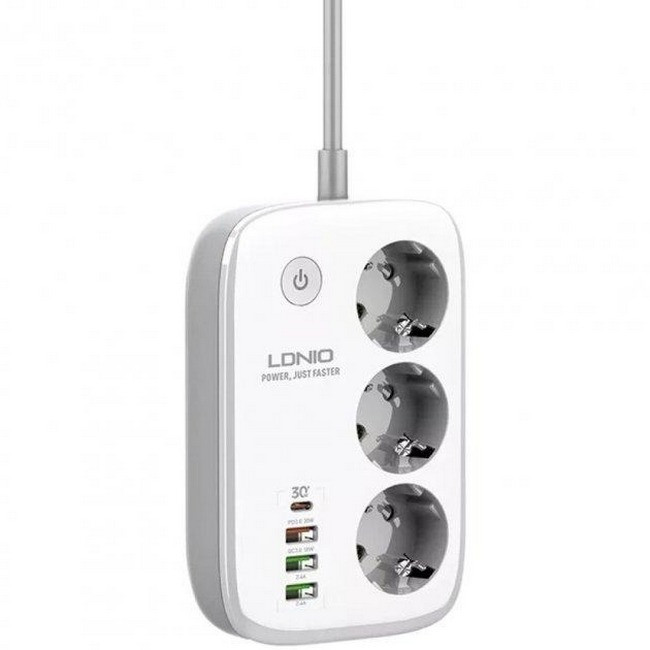 Подовжувач мережі 2 метри 3 розетки + 3USB Type-C QC Wi-Fi Ldnio SEW3452 White N