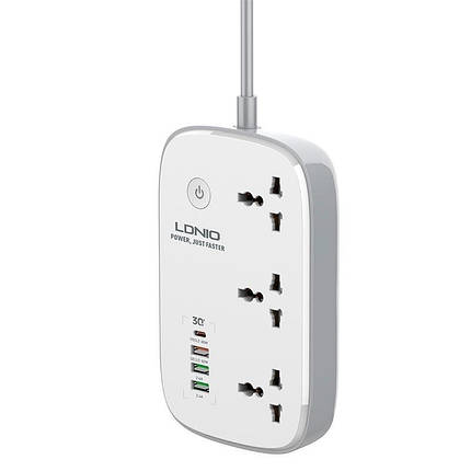 Підовжувач з USB 2 метри Ldnio SCW3451 3USB Type-C 3 розетки QC Wi-Fi White (N019947), фото 1