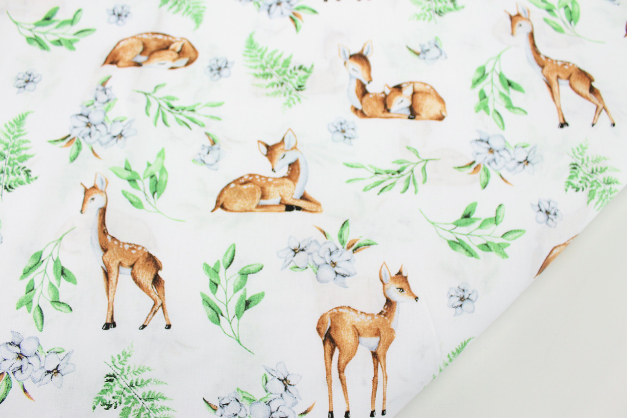 Тканина бавовняна "Косулі в листі" на білому тлі №928, фото 1