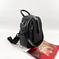Жіночий шкіряний міський рюкзак з текстильним ремінцем Polina & Eiterou чорний, фото 2