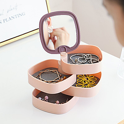 Скринька органайзер для біжутерії з дзеркалом 4 відділення, Рожева / Скринька для зберігання ювелірних прикрас