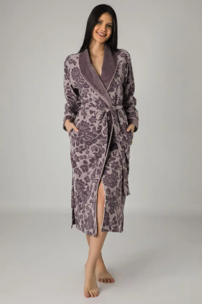Халат з квітковим принтом на поясі велюровий жаккард ліловий, халат жіночий квітковий модний для дому