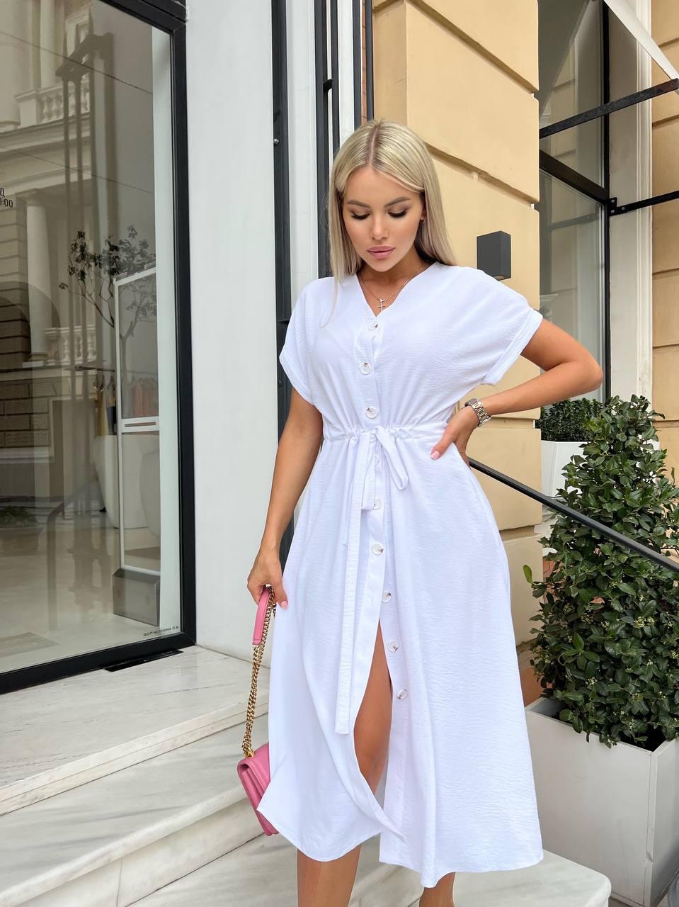 Легка літня жіноча сукня з креп-жатки на гудзиках довжини міді Колір Білий, фото 1