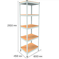 Архивный стеллаж 2100х600x450 белый, 5 полок из ДСП, металлический стеллаж на склад, в магазин, в гараж, СТО