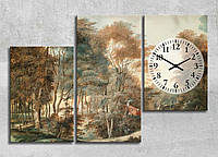 Картина модульна з годинником Ліс Природа Лісовий пейзаж Панорама Село Репродукція відомої картини Дерева