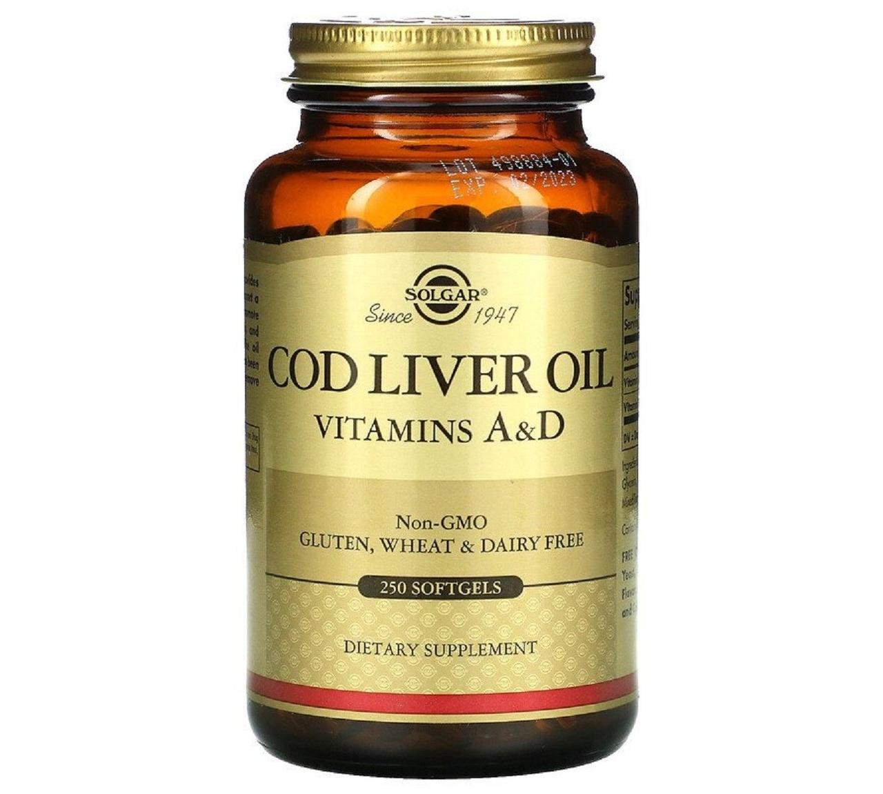 Риб'ячий жир з печінки тріски з вітамінами Solgar Cod Liver Oil Vitamins A&D 250 Softgels