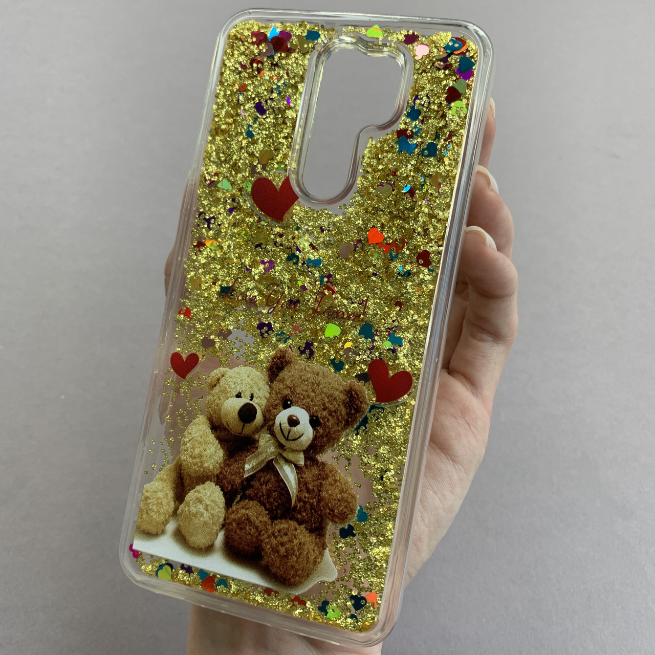 Чохол для Xiaomi Redmi 9 чохол з рідиною з ведмедиком на телефон сяомі редмі 9 золотий pct