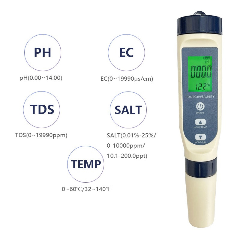 Покращений комбінований прилад 5 в 1 EZ9909 з підсвіткою (pH, EC, TDS, Salinity, Temp)