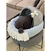 Лежанка люлька для собак Boris House Baby Cradle с коричневым плюшевым матрасом и голубой клеткой