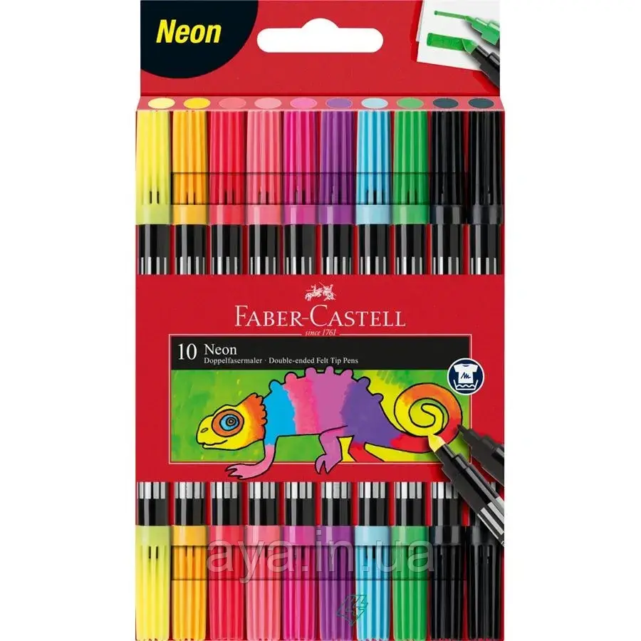 Фломастери неонові двосторонні Faber-Castell Double-ended Neon, 10 кольорів, 2 розміри стрижня, карт. коробка, фото 1