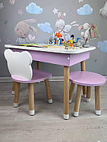 Столик дитячий прямокутний пенал біло-рожевий, стілець біло-розевий  Ведмедик  та табурет рожевий