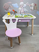 Столик детский прямоугольный с ящичком бело-розовый и стульчик бело-розовый Корона
