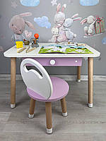Столик детский прямоугольный с ящичком бело-розовый и стульчик бело-розовый Смайлик