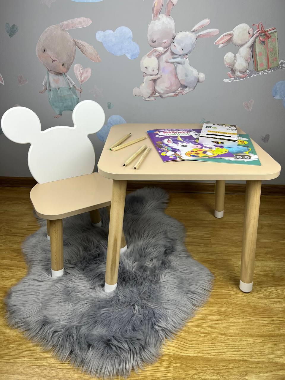 Столик дитячий квадратний дубовий та стілець біло-дубовий  Мікі Маус