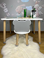 Столик дитячий прямокутний білий та стілець біло-сірий  Ведмедик