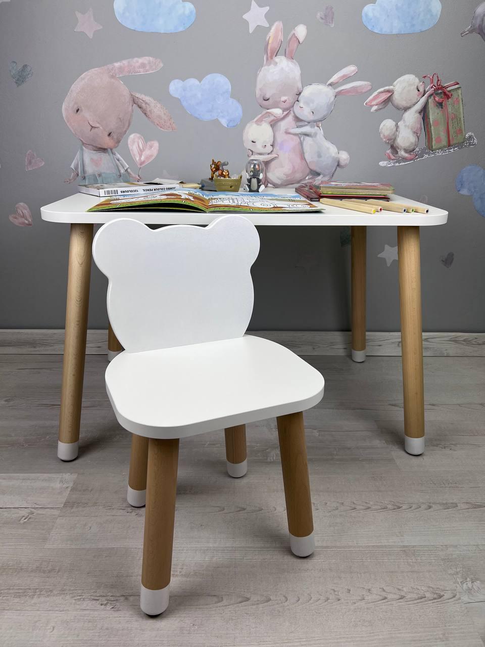Столик дитячий прямокутний білий та стілець білий  Ведмедик