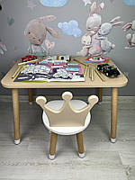 Столик дитячий прямокутний коричневий та стілець коричнево-білий  Корона