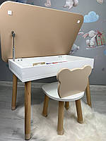 Столик дитячий прямокутний пенал біло-коричневий та стілець біло-коричневий  Ведмедик