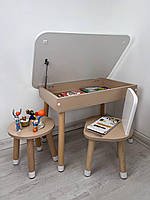 Столик дитячий прямокутний пенал біло-коричневий, стілець біло-коричневий  Класик  та табурет коричневий