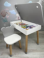 Столик дитячий прямокутний пенал біло-сірий та стілець біло-сірий  Ведмедик