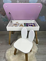 Столик дитячий прямокутний пенал рожево-білий та стілець білий  Зайчик