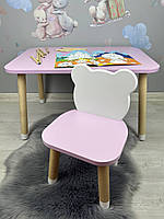 Столик дитячий прямокутний рожевий та стілець біло-рожевий  Ведмедик