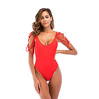 Цельный женский пляжный купальник с открытой спиной красного цвета