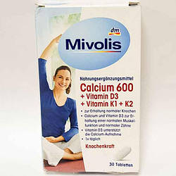 Біологічно активні добавки Кальцій 600 + D3 + K1 + K2 таблетки Mivolis Calcium, 30 шт (Німеччина), Вітаміни та харчові добавки