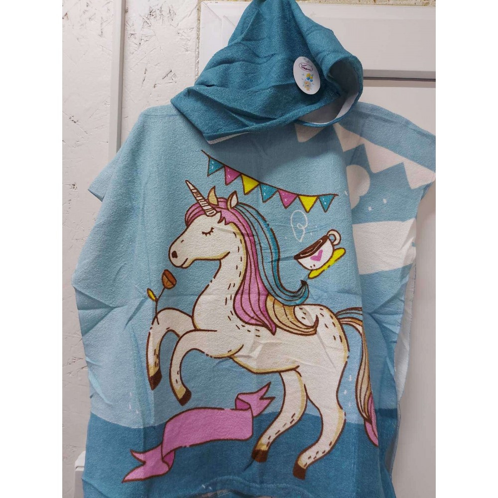 Дитячий пляжний рушник пончо мікрофібра Блакитний Єдиноріг, фото 1