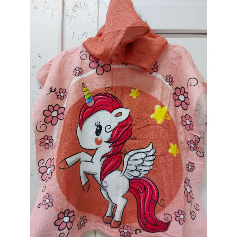 Дитячий пляжний рушник пончо мікрофібра Рожевий Єдиноріг, фото 1